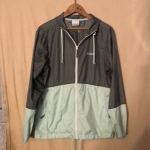 Columbia rain coat mint green and grey with hood worn once